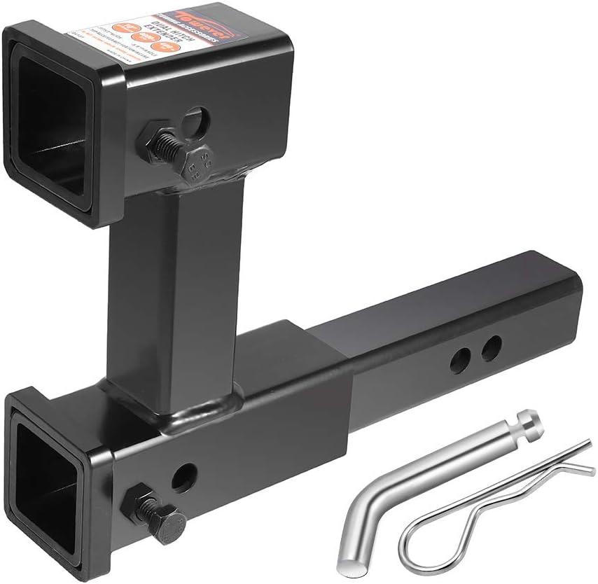 Towever 84131P Towever Trailer 2 inches Dual Hitch Receiver Adapter Extender for Towing and Riser for Bicycle Rack, Extra Long Towing Accessories with Pin and Clip
