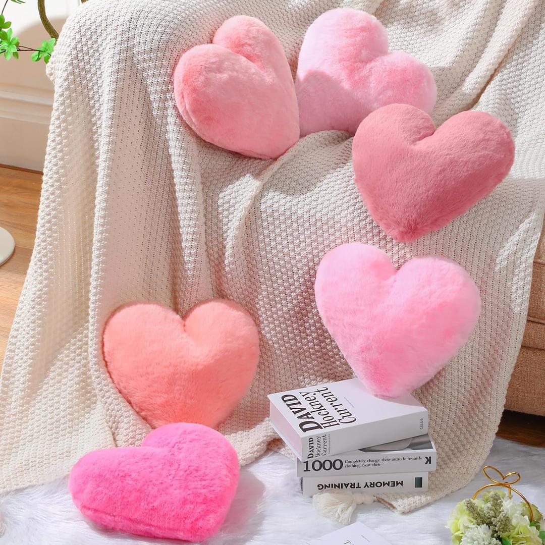 Liliful 6 Pcs Faux Rabbit Fur Heart Pillows Fluffy Heart Throw Pillows Cute Couch Cushion Soft Decorative Throw Cushion for Bed Sofa Girls Women(12 x 11 Inch, Pink Series)