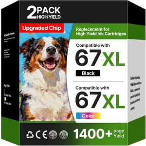 67XL Ink Cartridges for HP Ink 67 Compatible for HP 67 Ink Cartridges Black/Color Combo Pack Work with DeskJet 2827e 4227e 2855e 2842e 2755e 4155e 2755 2852e Envy 6055e 6000 6455e (1 Black, 1 Color)