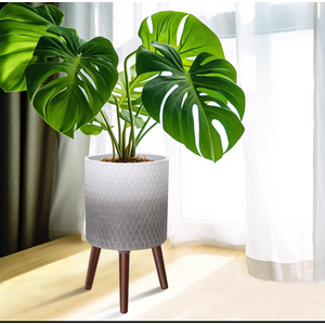 12 Inches Indoor Plant Pot with Walnut Color Stand Honeycomb Embossed Flower Pot with Drainage Holes Large Modern Planters for Indoor Plants-Gradient White Gray