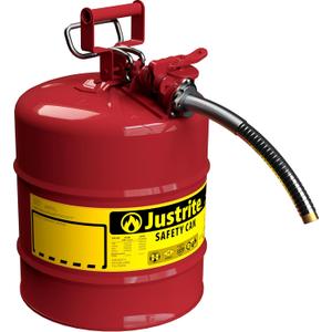 Justrite 5 Gallon Type II Red Safety Gas Can for Gasoline with Flame Arrester, Self-Closing Lid, and 1" Flexible Metal Spout, Made in the USA, Galvanized Steel Flammable Storage Can, 7250130