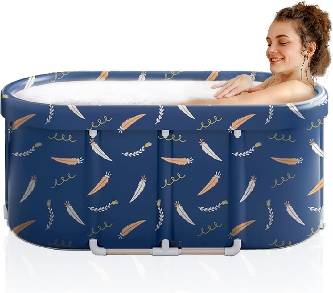 Portable Bathtub,Foldable Freestanding Bathtub,Japanese Soaking Tub,Shower Stall Tub,Bathroom Folding SPA Bath For Adults, Boys & Girls,Outdoor/Indoor Hot Ice Bath,47 Inch,Blue,PVC & Al Alloy