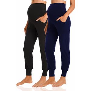 V VOCNI Women's Maternity Pants Maternity Activewear Jogger Track Cuff Sweatpants Over The Belly Stretchy Pregnancy Pants Black/Navy Medium