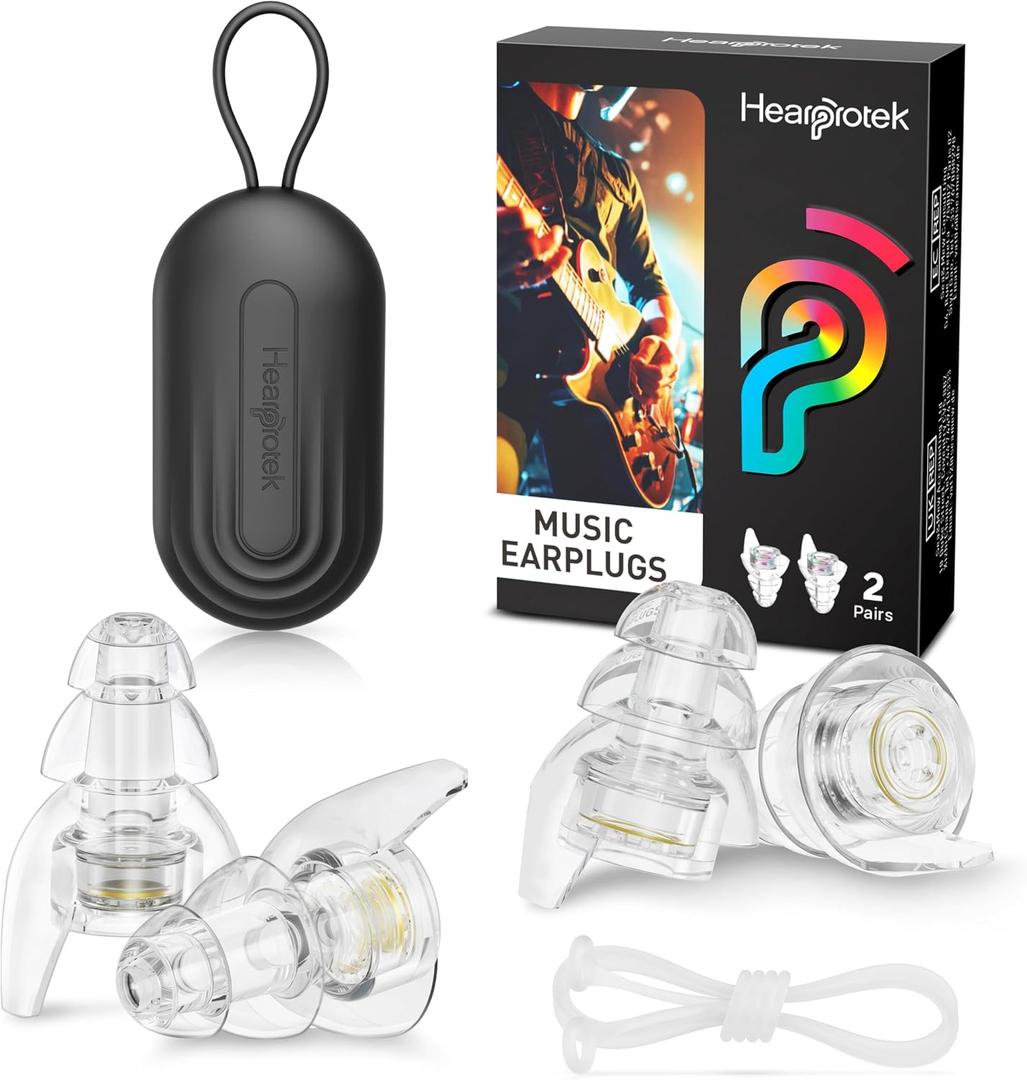 Hearprotek Concert Ear Plugs, 2 Pairs High Fidelity Musician Ear Plugs for Concerts Loud Music-Noise Reduction Ear Protection Reusable Earplugs for Rave,Festival,Music,Tinnitus Relief,Clear
