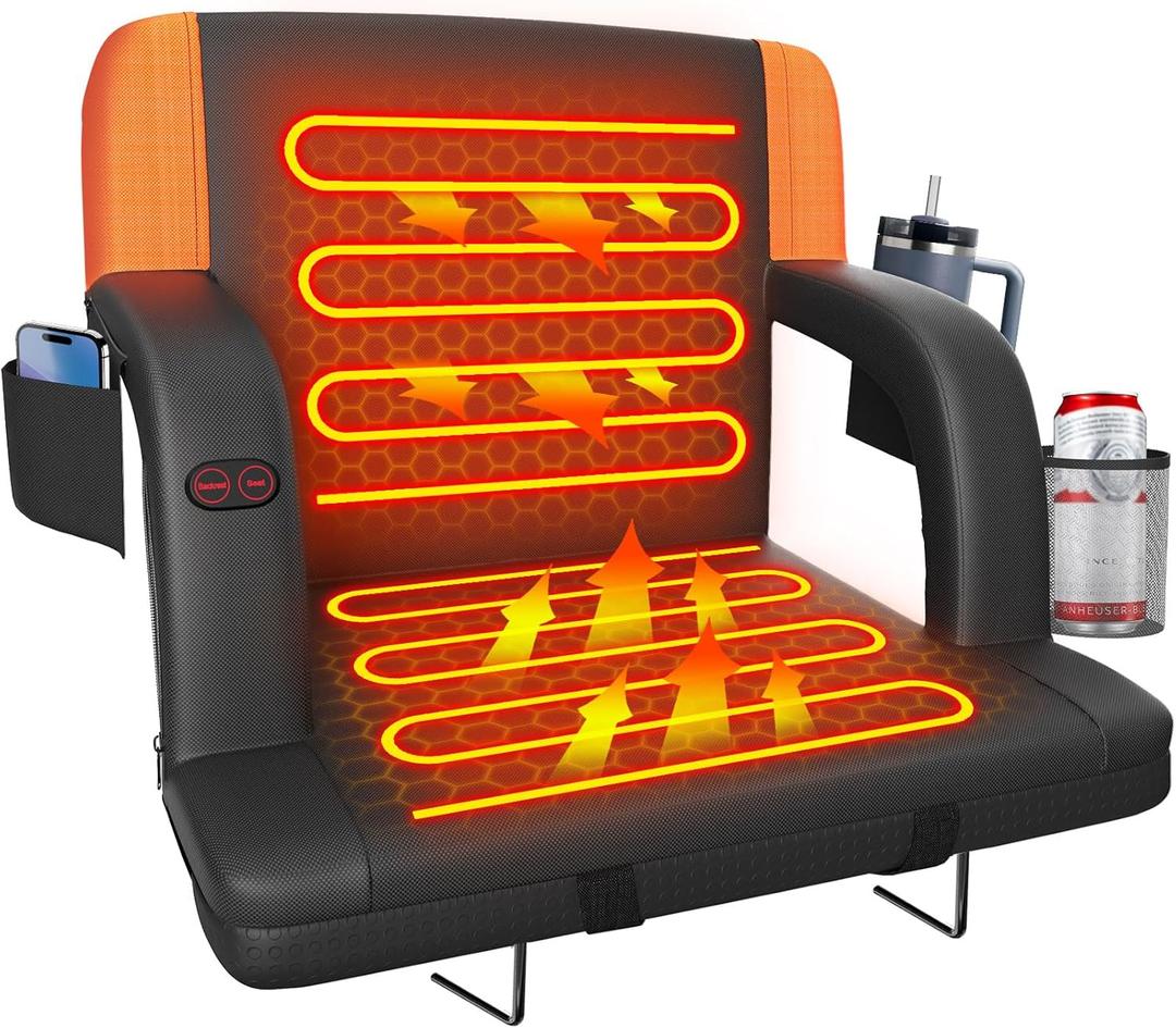 Suteck Dual-Sided Heated Stadium Seats for Bleachers with Back Support, Portable Heated Bleacher Seat with Backrest, 3 Heat Levels, 5 Pockets  Ideal for Outdoor Stadiums and Events (1PC 25in Orange)