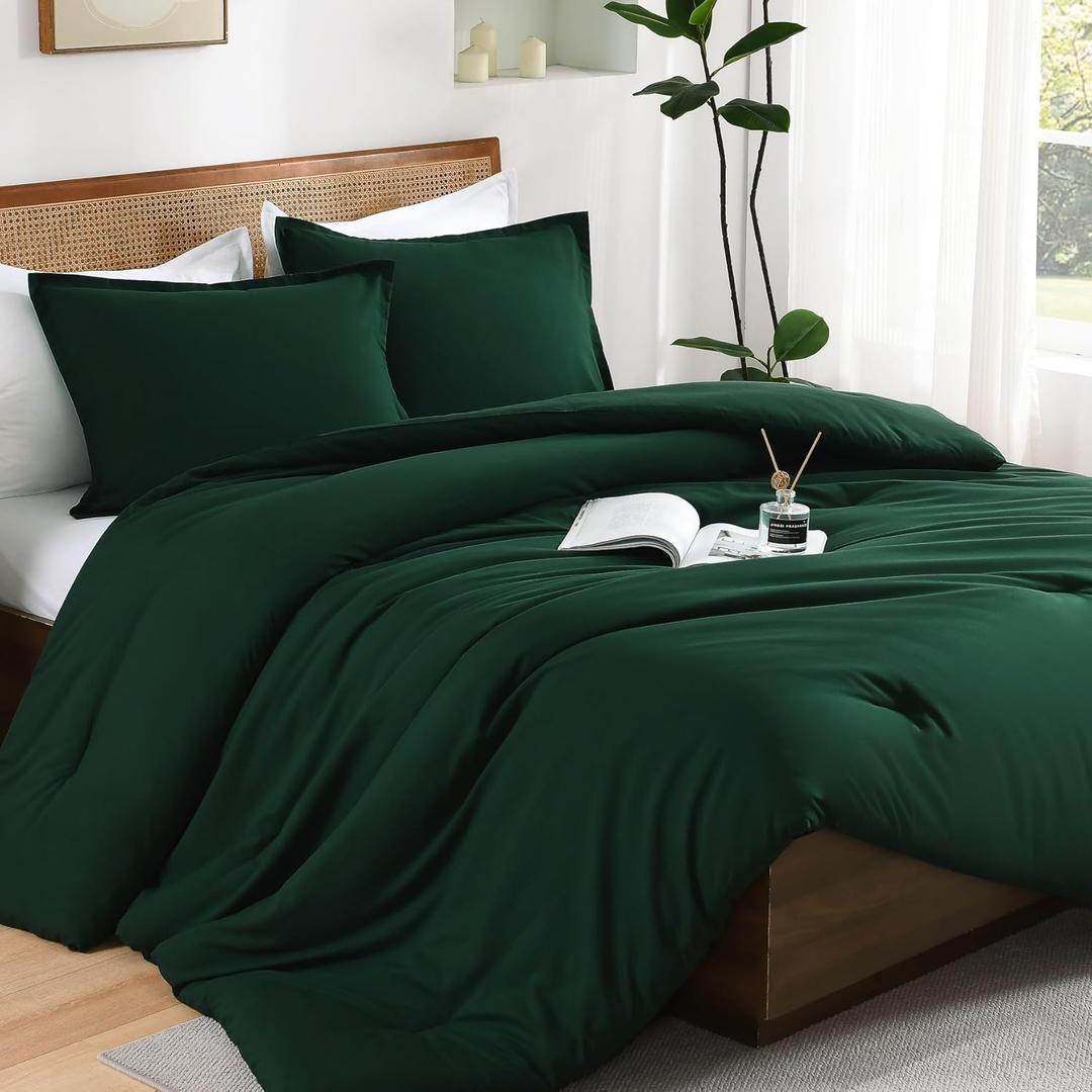 Andency Dark Emerald Green King Size Comforter Set, 3 Pieces Forest Hunter Green Boho Solid Bedding Comforters & Sets, Soft Lightweight Polyester All Season Reversible Bed Set for Men Women