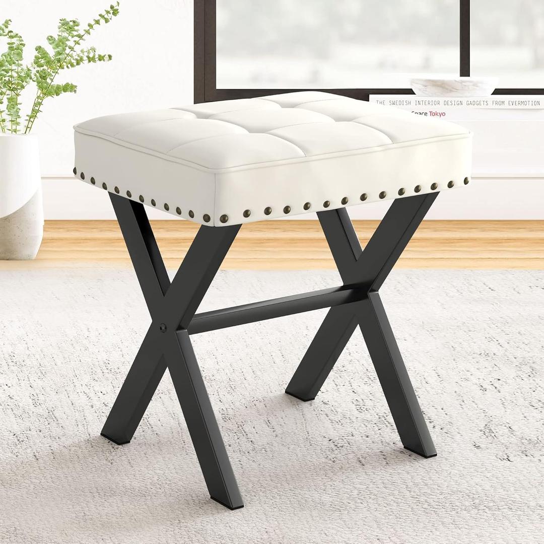 LUE BONA White Vanity Stool - Square Faux Leather Makeup Seat With Metal X Legs, Small Ottoman Chair for Makeup Room, Living Room, Bathroom - Padded Foot Rest