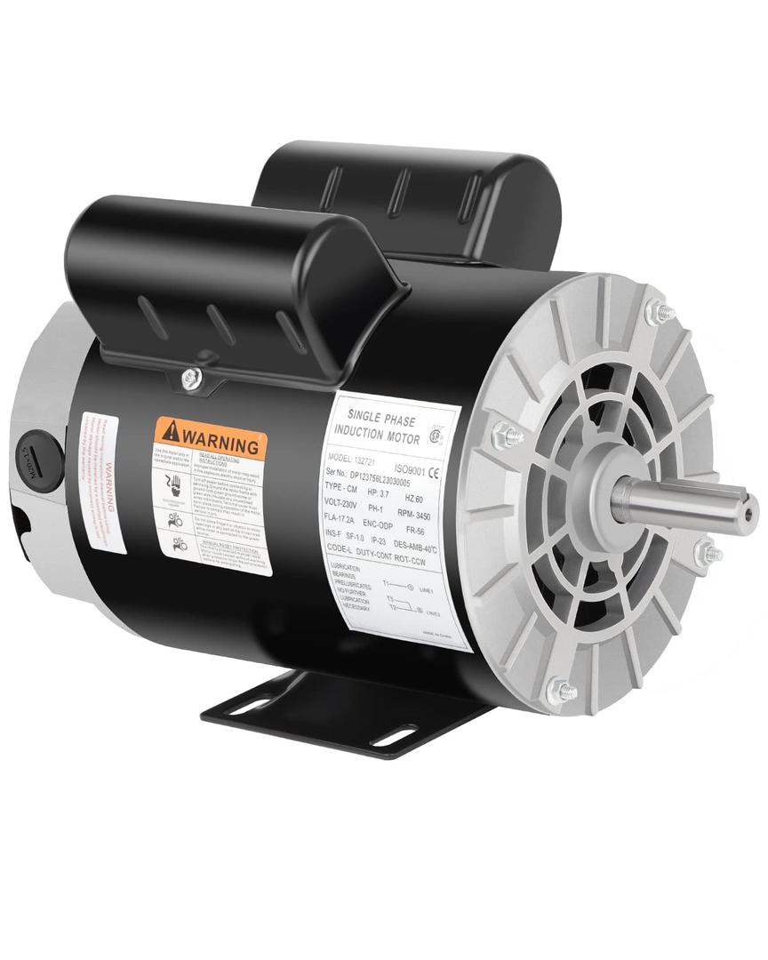 3.7 HP Air Compressor Motor, 3450 RPM Electric Motor, 230V 17.2A Single Phase Motor, 56 Frame 5/8" Keyed Shaft, Commercial-Duty CCW Rotation, 1.88" Shaft Length for Air Compressors