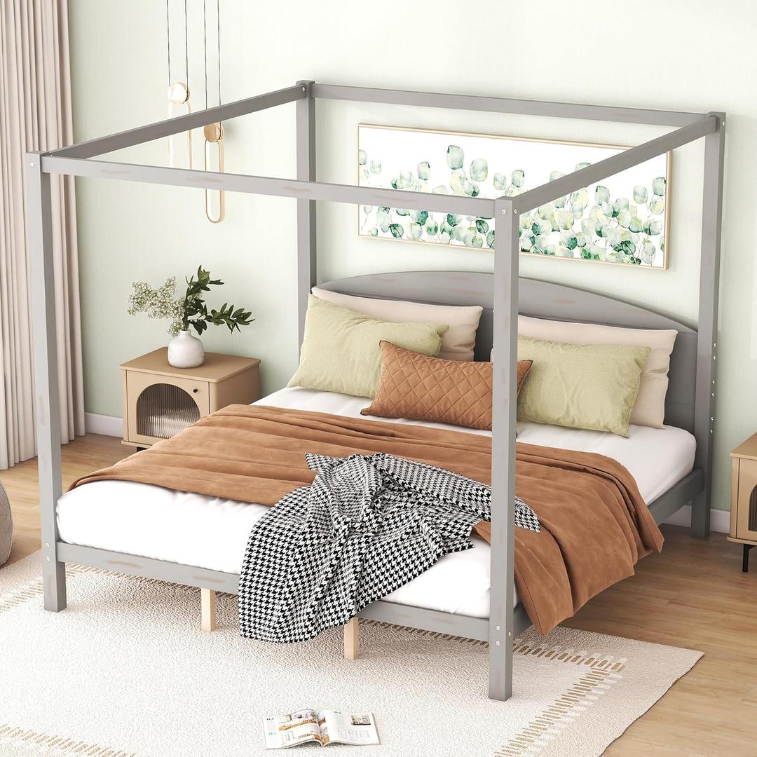 King Size Canopy Platform Bed with Headboard and Support Legs,Wood Bed Frame W/Space Saving,Slat Support,for Girl Boy Kid,Adults Bedroom,Grey Wash