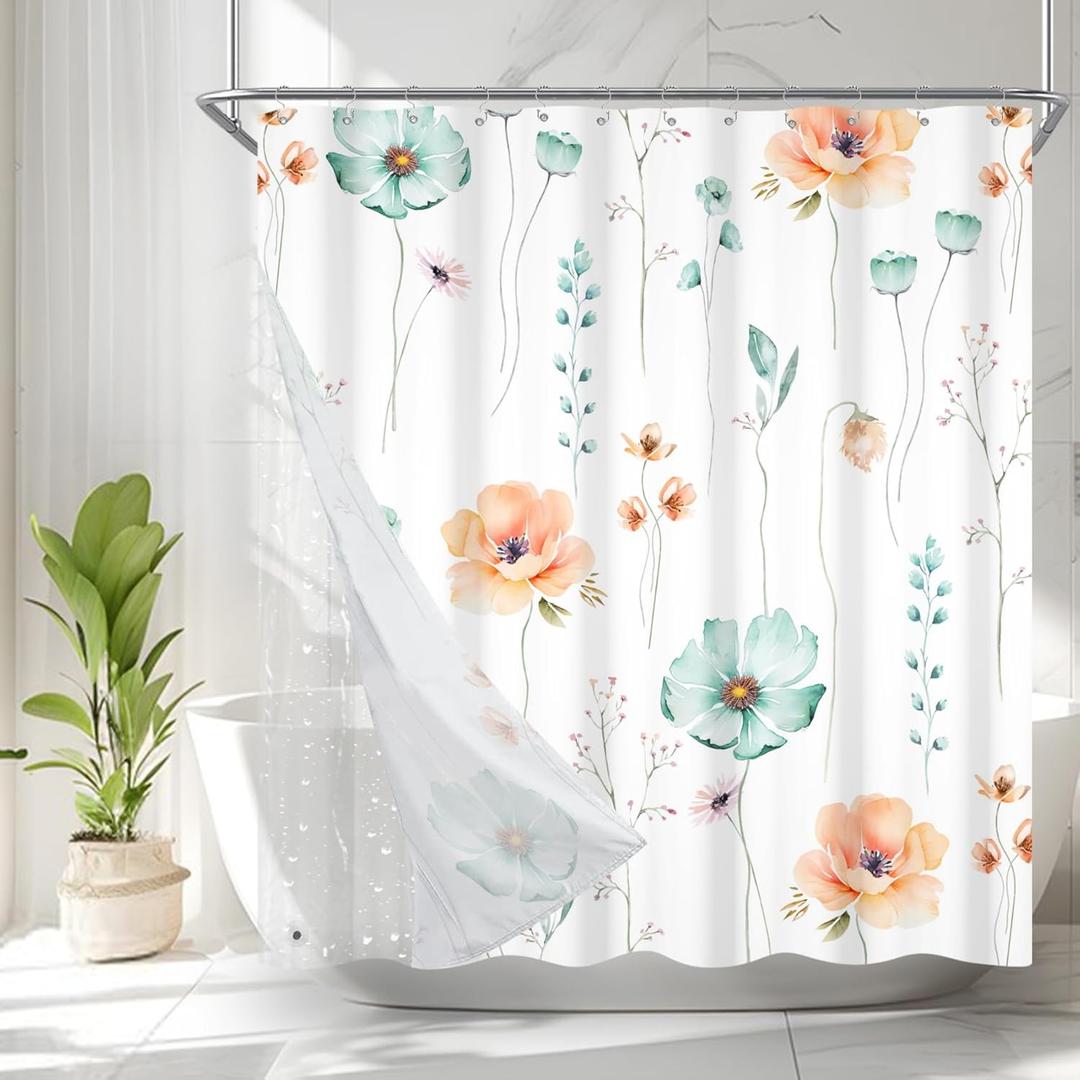 AWERT Watercolor Flower Shower Curtain with Liner 3 in 1 Shower Curtain Set Light Green Beige Floral Shower Curtain and Liner Set Clear PEVA Liner with 12 Rust Proof Hooks 70x78inch