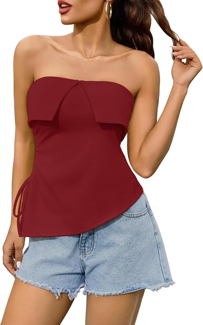 Women Tube Tops Trendy Summer Going Out Strapless Backless Bustier Drawstring Ruched Side Split Asymmetrical Bandeau Shirt (Red, XL)