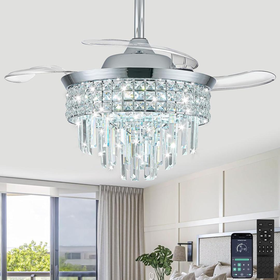 36" Modern Crystal Fandelier Ceiling Fan with Light, Dimmable LED APP Control & 3-Color Temperature, Retractable Blades Remote Chandelier for Bedroom Living Room (DC Motor, Memory Function) (9306-Chrome)