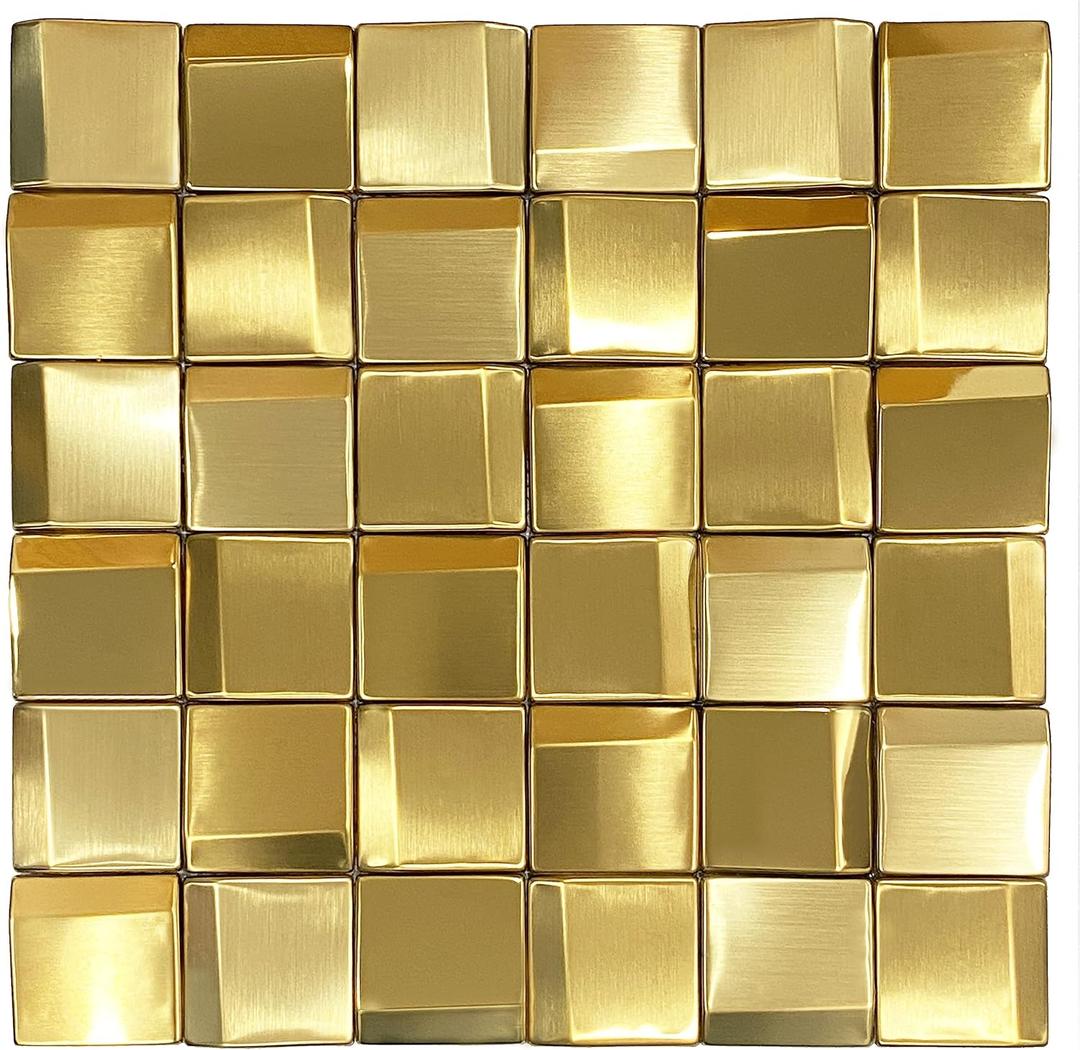 3D Wall Panels Golden 2x2 Metal Mosaic Tile Sheets Backsplash Accent Wall Gold Dcor [5 Sheets] (12x12 inches)