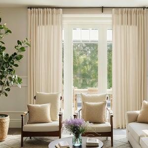Pinch Pleat 72 x 96 Inch Linen Curtains for Living Room Divider Pleated Drapes with Hooks Rings Back Tab Beige Neutral Sheer Curtains 96 Inch Length for Sliding Door Dining Bedroom Ceiling Window 8Ft