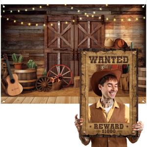 Motipuns Western Party Decorations Wanted Poster Frame Wild West Backdrop Cowboy Photo Booth Set 7 x 5 ft Rustic Barn Door Vintage Background for Birthday Rodeo Party