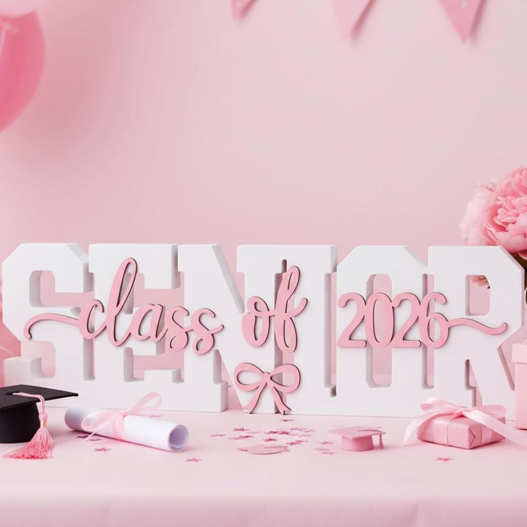 BreezeHug Large Senior 2026 Sign Class of 2026 Sign Senior Night Letter Wooden Table Decor Coquette Bow Photo Booth Props Graduation Table Centerpieces Graduation Party Decoration for High School (Pink)