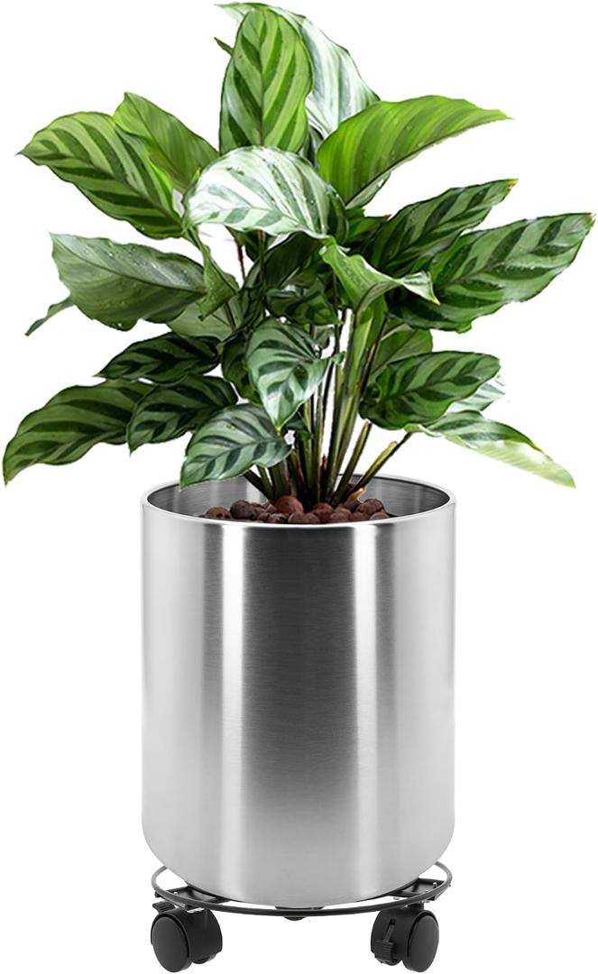 Longrun 11.8 Inch Dia Round Planter, Modern Indoor Outdoor Large Stainless Steel Plant Pot and Plant Caddy with Wheels for Home Patio Garden, Easy to Clean and Move, 11.81inch