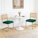 Mid-Century Modern Dining Chairs Set of 2, Velvet Upholstered Seat with Natural Rattan Backrest, Armless Side Chairs with Metal Legs, Ergonomic Design for Home Kitchen Dining Room, Green, CangLong