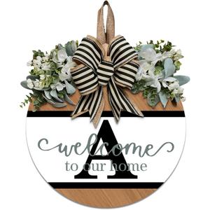 Last Name Round Front Door Wreath Decor for All Seasons, 26 Initial Letter Wreaths for Front Door Porch Welcome Garland and Eucalyptus Hanging Gift for Farmhouse Welcome Sign (A)