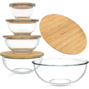Stackable Space-Saving Set of 5 Nesting Glass Bowls with Bamboo Lids for Foodprep, Storage, Baking, Mixing & Cooking, Microwave & Oven Safe BPA Free Heat Resistant Inert Borosilicate Glass