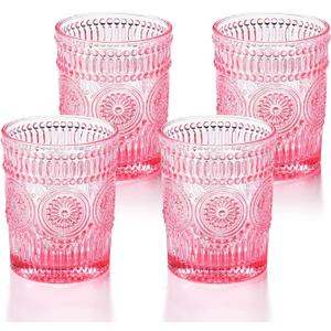 4 Pack Romantic Water Glasses-10.5 OZ Pink Vintage Drinking Glasses Tumblers for Whisky, Beer, Juice, Beverages, Cocktail, 4 Count