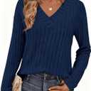 PRETTYGARDEN Fall Fashion 2026 Long Sleeve Shirts for Women Ribbed Knit V Neck Dressy Casual Lightweight Sweaters Tunic Tops (Blue, M)
