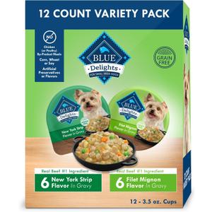 Blue Buffalo Delights Natural Adult Small Breed Wet Dog Food, Variety Pack, Made with Natural Ingredients, Filet Mignon & New York Strip Recipe in Hearty Gravy, 3.5-oz. Cups (12 Count, 6 of Each) (EXP 06/01/27)