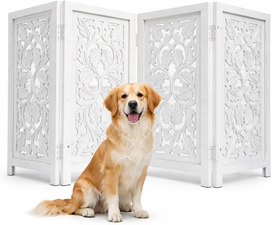 Free Standing Dog Gate 4 Panel, 56x28 Foldable Wooden Pet Barrier in White