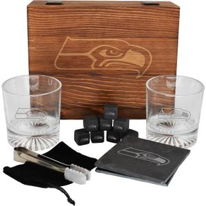The Memory Company Licensed NFL Wood Boxed Drinkware Gift Set - Includes 2 Premium Rock Glasses, Cooling Cubes, Tongs, and Coasters, Seattle Seahawks