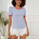 MISSACTIVER Women Striped Color Block T-Shirts Crew Neck Short Puff Sleeve Slim Fit Pullover Shirt Casual Summer Tee Tops (M)