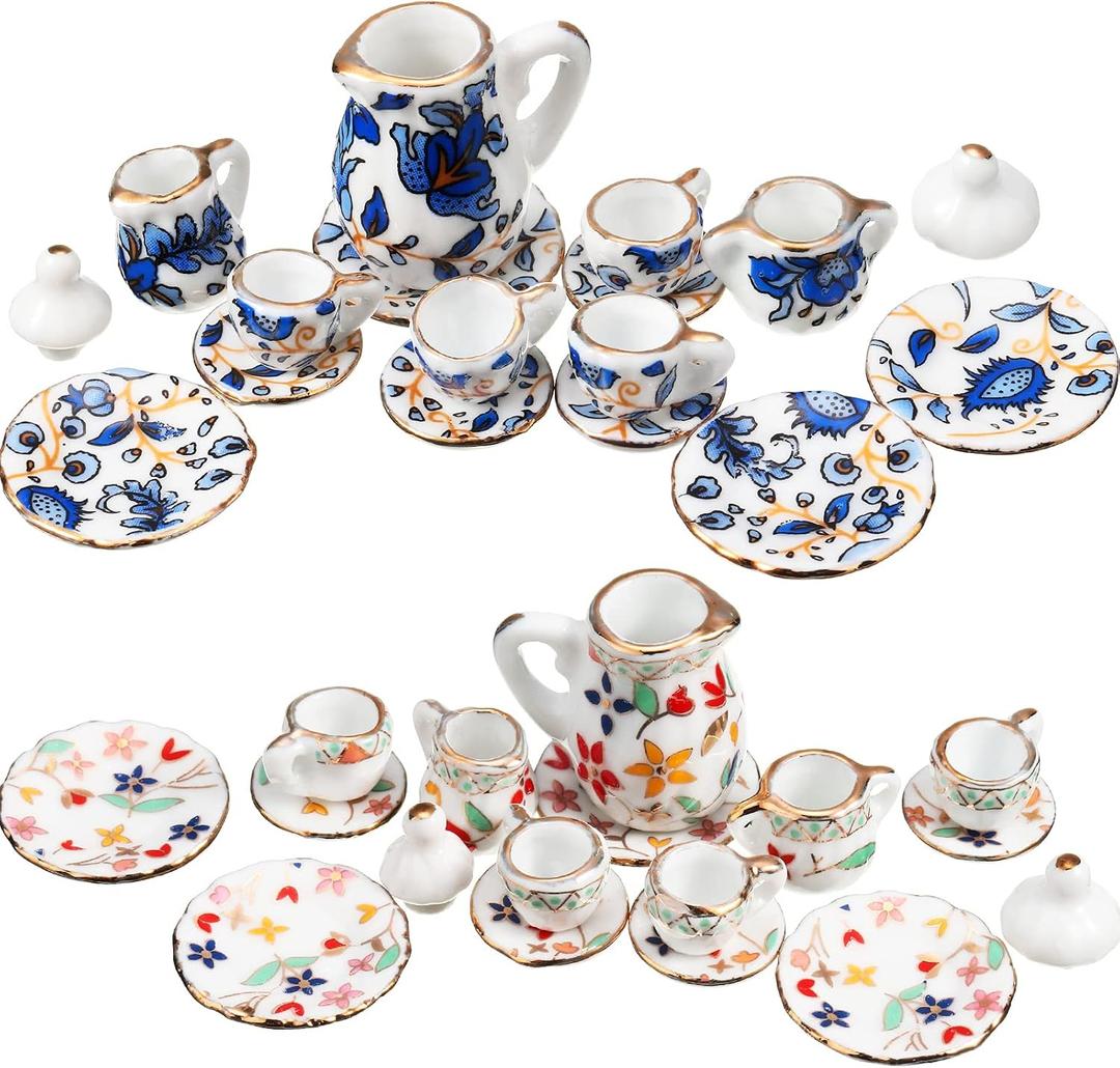 Geiserailie 2 Set 1:12 Dollhouse Miniature Porcelain Tea Cup 30 Pieces Mini Flowers Pattern with Golden Trim Teapot Cup Plate Mini Tea Dollhouse Kitchen Accessories
