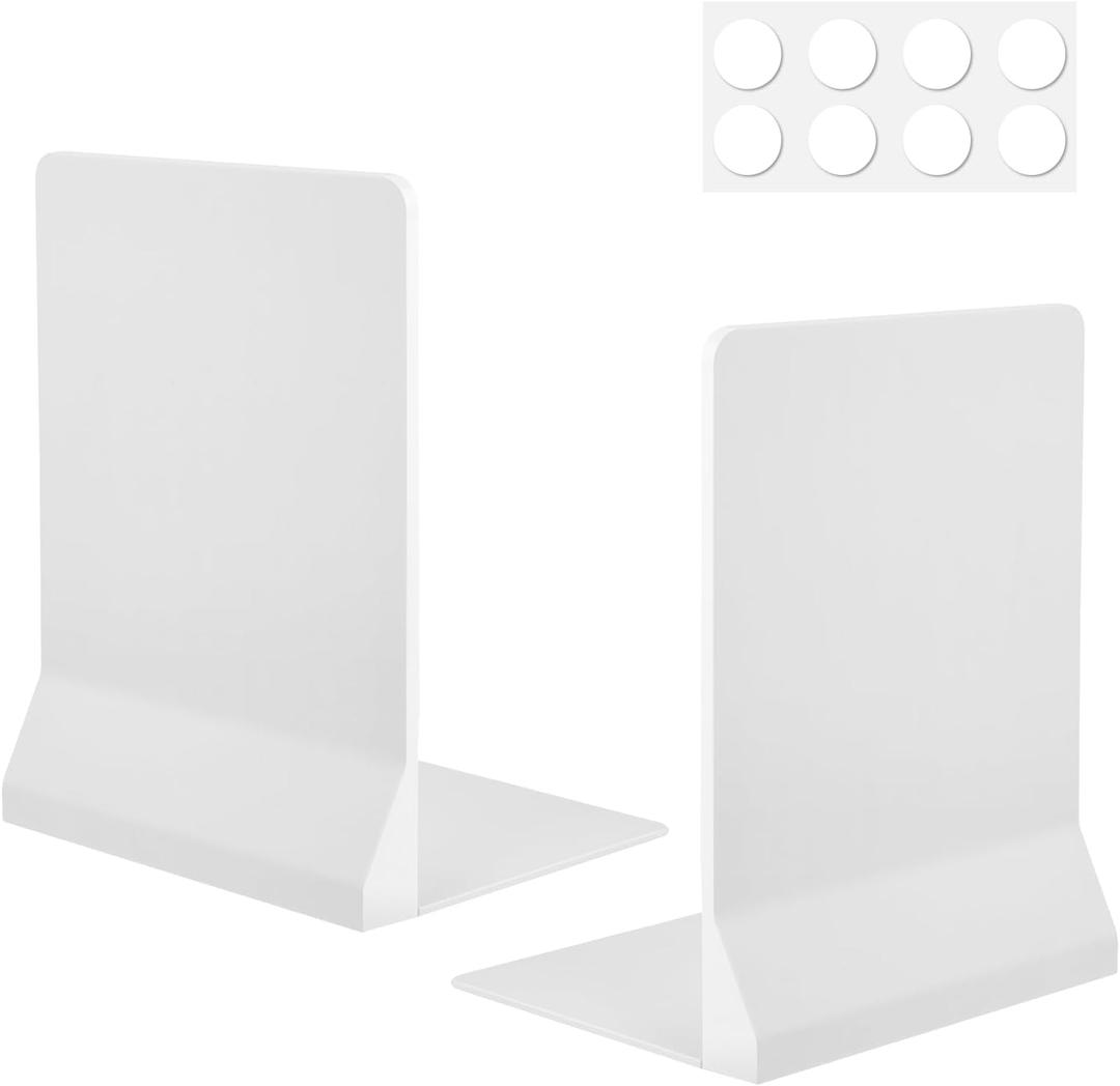 Foldable Bookends for Shelves, 2 Pack Adjustable Book Holders with Anti-Slip Pads, Decorative Book Stopper for Heavy Books, White Book Ends for Office Home School