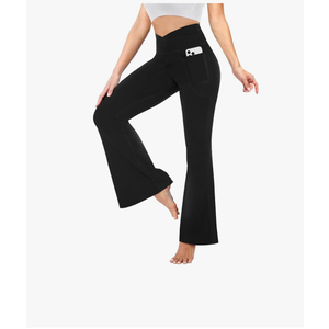 Flare Leggings for Women with Pockets - Crossover High Waisted Black Flared Leggings for Yoga Gym Workout, M
