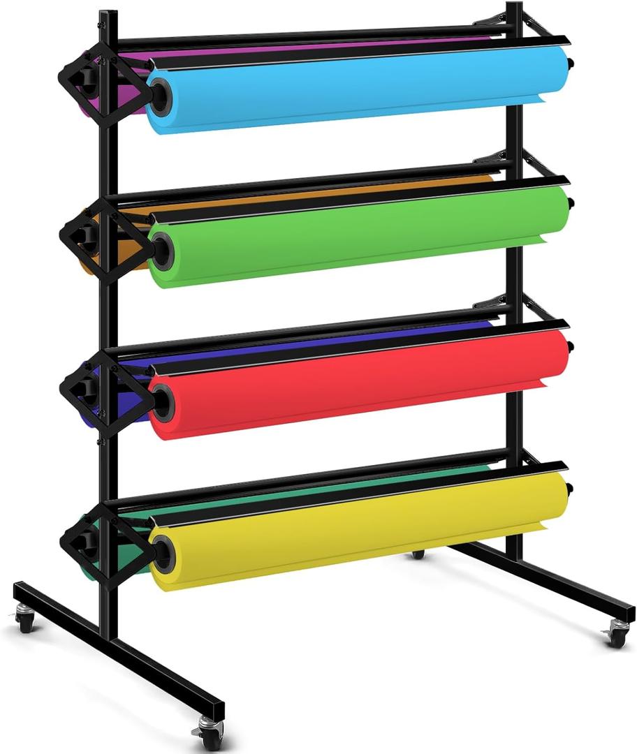 Landhoow Large Paper Roll Holder- Dispenser Rack and Cutter, 8 Racks for Large, 36 Inch, Craft, Gift Wrap and Kraft Rolls, Mobile Rolling Organizer for Classroom Studio Retail(Black)