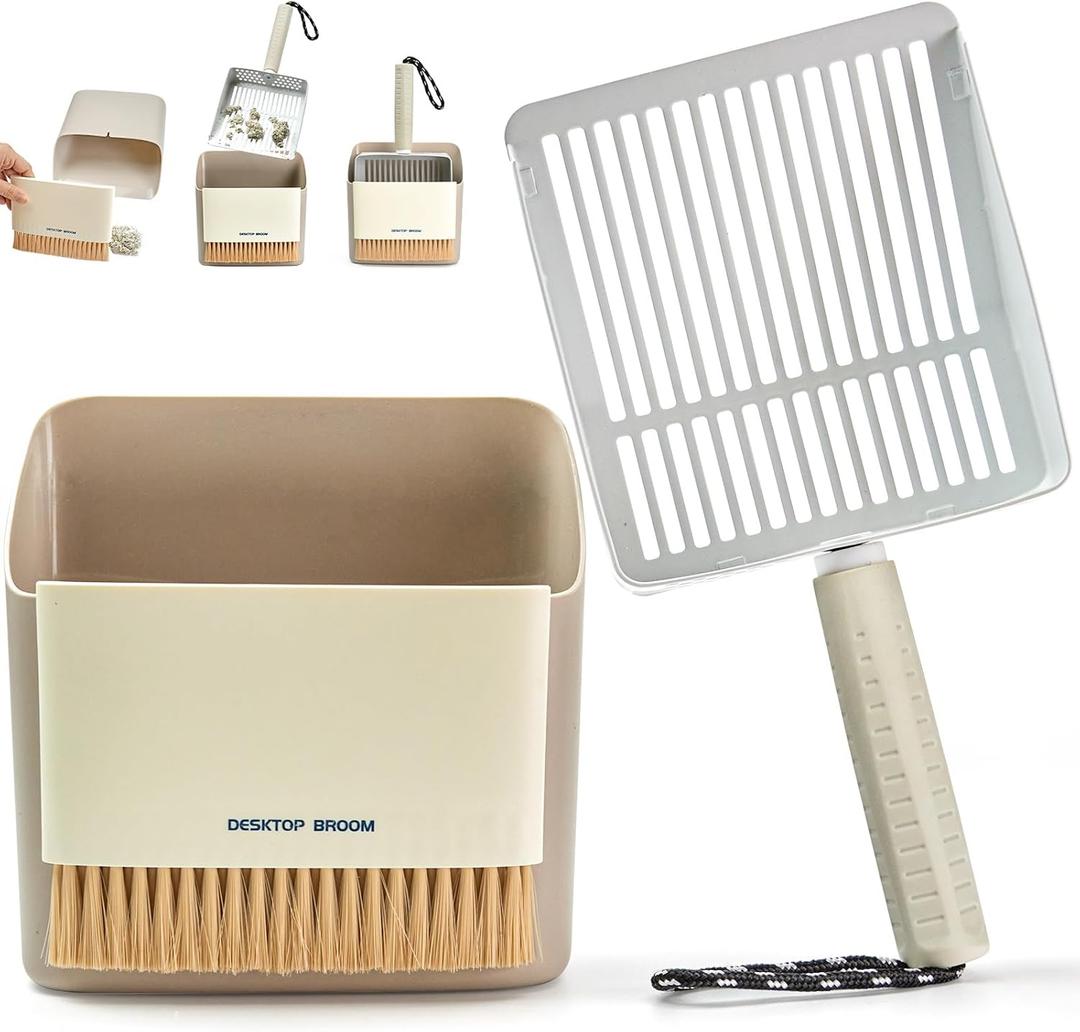 Metal Cat Litter Scooper with Holder, Stainless Steel Metal Litter Scoop Includes Portable Small Broom and Dustpan Set, Speed Sifter Cat Litter Scoop Captures All Clumps, Non-Slip Handle, Easy Clean (White)