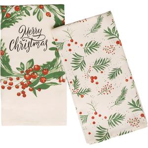 2 x The Fine Living Co. 100% Cotton Kitchen Towels Set of 2, 18 x 28 inches, Merry Christmas Printed Dish Towels, Hand Towels, Boho Tea Towels - Multifunctional, Stylish, Absorbent, Quick Dry, Soft