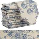 Blue Floral Cloth Napkins Set of 12, Vintage Linen Cotton Dinner Napkins 15x15 Inch - Reusable, Cottagecore Aesthetic Party Decorative Napkin Towels for Everyday Use, Weddings, and Holiday