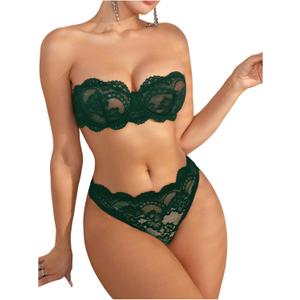 WDIRARA Women's 2 Piece Exotic Lingerie Set Floral Lace Mesh Sheer Strapless Bra and Panty Set (Large, Dark Green)