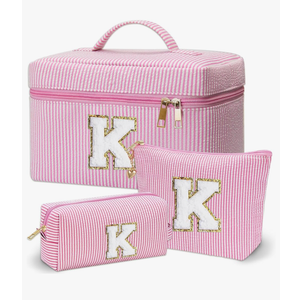 Personalized Monogram Makeup Bag, 3PCS Custom Monogrammed Toiletry Cosmetic Bag for 6-18 Teen Girls Women,Birthday Graduation Gifts Initial Pouch Makeup Bags for Women Girls, Make Up Bag (K, Pink)