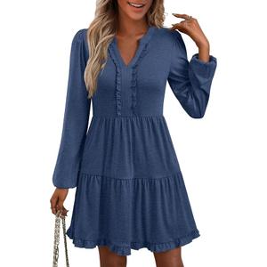 ANRABESS Womens Long Sleeve Dress 2025 Fall Casual V Neck Tiered Flowy Swing Short Mini Dresses Beach Travel Vacation Outfits, X-Large