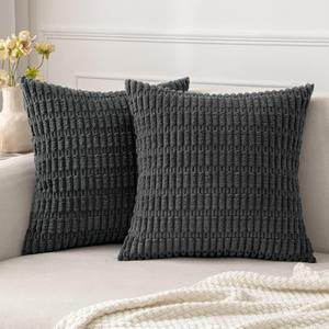 MIULEE Pack of 2 Corduroy Decorative Throw Pillow Covers 20x20 Inch Soft Boho Striped Pillow Covers Modern Farmhouse Home Decor for Sofa Living Room Couch Bed Dark Grey (20" x 20" (Pack of 2), Dark Grey)