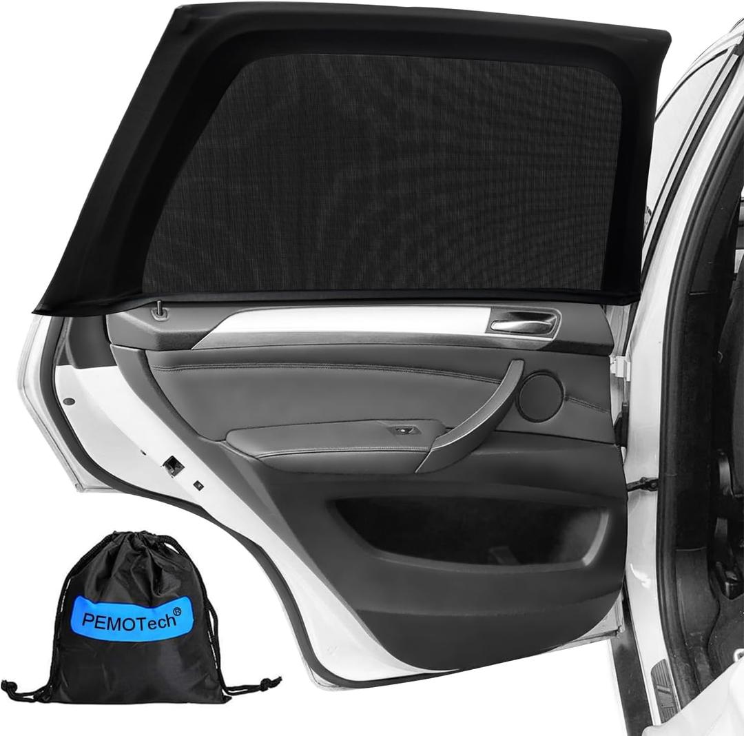 PEMOTech Car Window Shades(2 Pack)-Certified Car Side Window Sun Shades, UV Protection Breathable Spandex Baby Window Covers, Universal Fit Most (99%) of Cars, Protect Privacy for Family (27.2"x39.8") (Black)