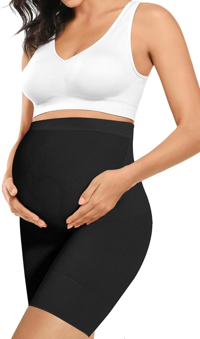 Baby Bump Premium Maternity Shapewear, High Waisted Mid-Thigh Pregnancy Underwear Prevent Chaffing Soft Adominal Support (Large, Black)