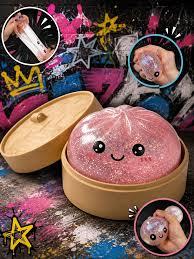 Glitter Dumpling Squishy, Dumpling Squishy Mystery Box, Colorful Dumplings Stress Balls Fidget Sensory Toy, Stocking Stuffers with Food Steamer Stretchy Desk Toys (Glitter Pink)