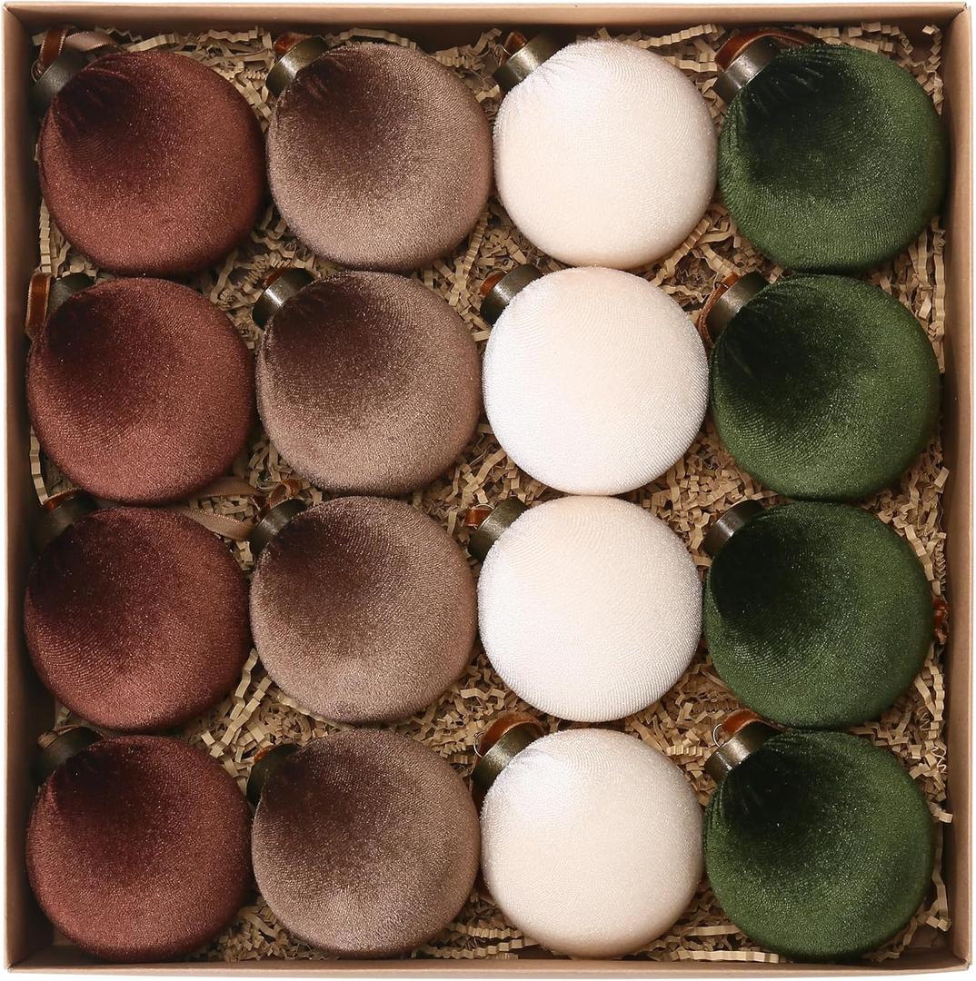 Sea Team 16-Pack Flocked Velvet Cloth Christmas Tree Ball Ornaments Set, Hanging Velour Baubles, Shatterproof Plastic Decorations for Xmas Tree, Wreath, Garland, 80mm/3.15 Inches, Prairie Fall