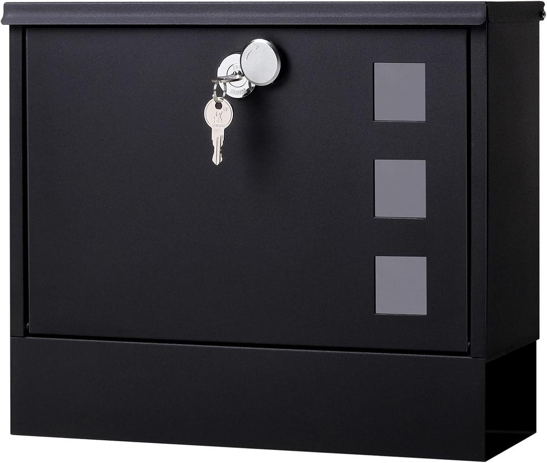 Locking Mailbox Wall Mount for Outside Jssmst Mailboxes with Key Lock for Front Door Fence, Large Capacity Letter Box, 14.3 x 4.1 x 11.8 Inch, Black, SM-HPB911BN