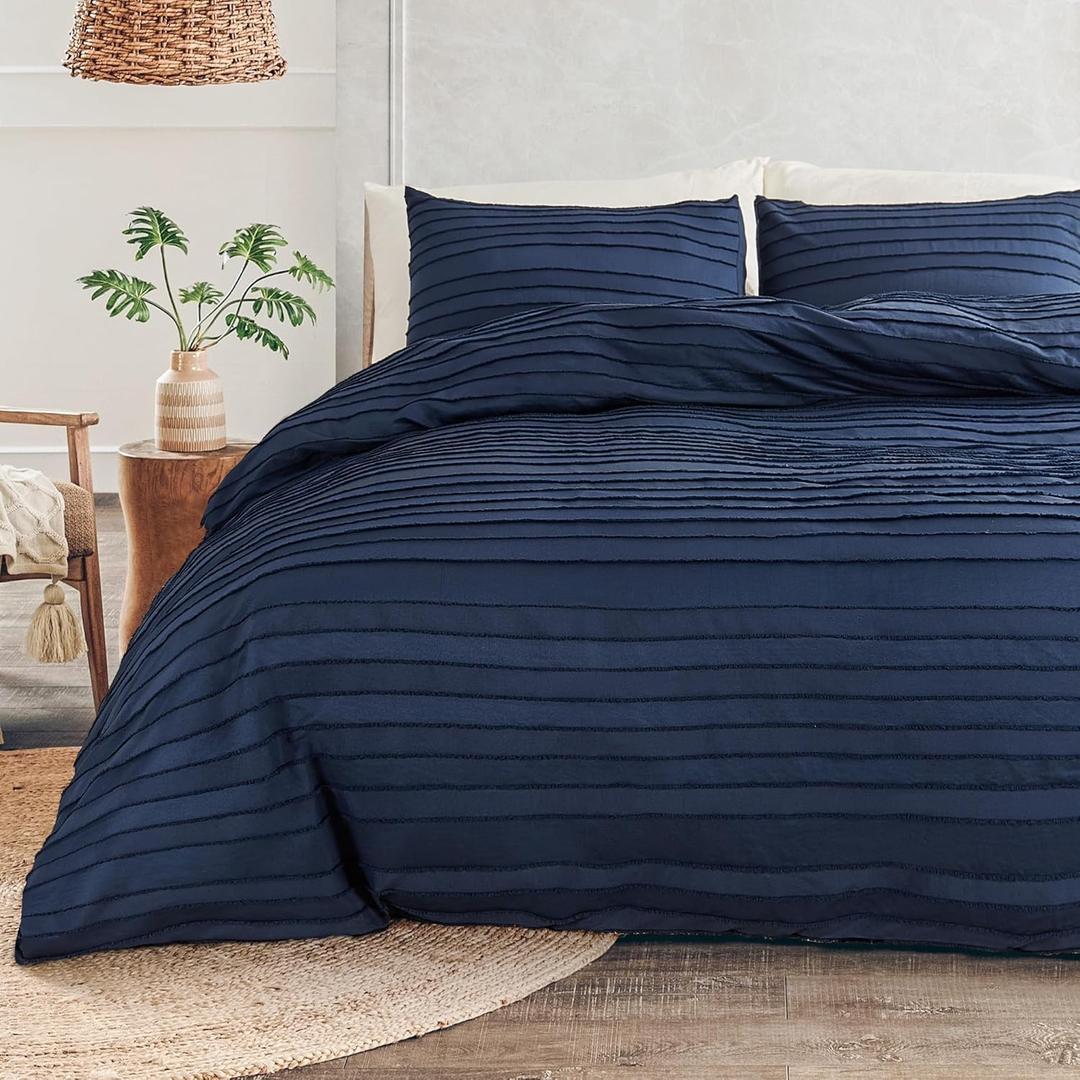 NEXHOME PRO Duvet Cover Queen,Navy 3 Pieces Boho Tufted Duvet Cover Set, Soft and Lightweight 100% Washed Microfiber Comforter Cover Set for All Season(Navy Queen, 90 x 90)-No Comforter