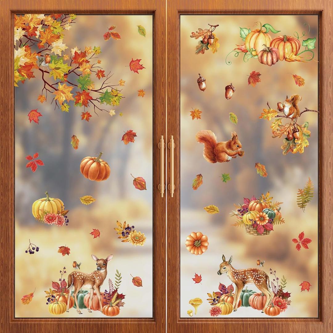 6 x ZAWE 9 Sheets Fall Window Clings Deers Maple Leaves Pumpkins Flowers Double-Sided Window Decals Stickers for Autumn Thanksgiving Party Home Classroom Office Decorations