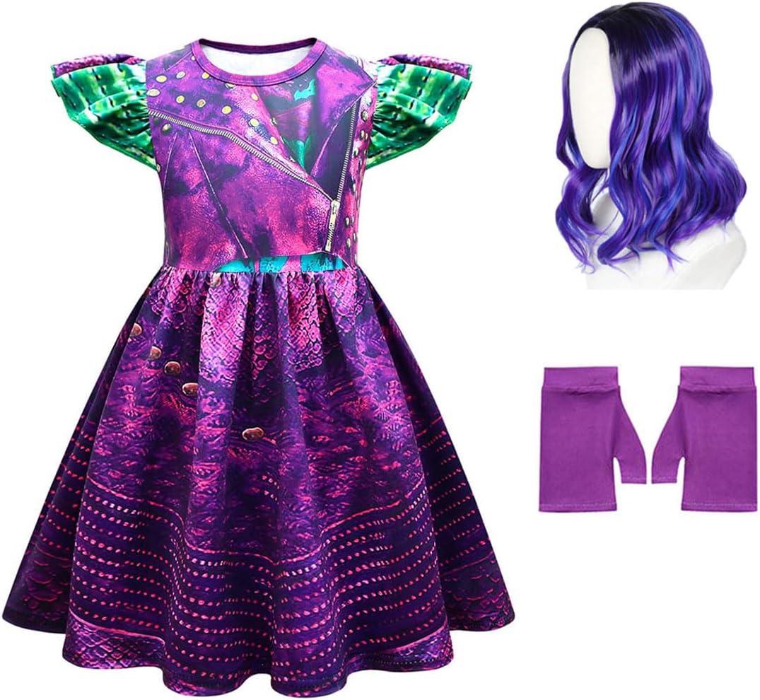 Letushy Girls Halloween Costume Dress with Wigs and Gloves, 3-10Y (7-8Y, Purple)