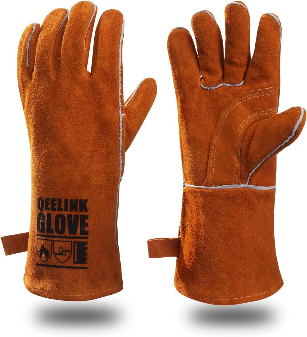 QeeLink Welding Gloves - Heat Resistant Leather and Fireproof Stitching for Fireplace Fire Pit Wood Stove BBQ Gardening Gear (Brown (14-inch))